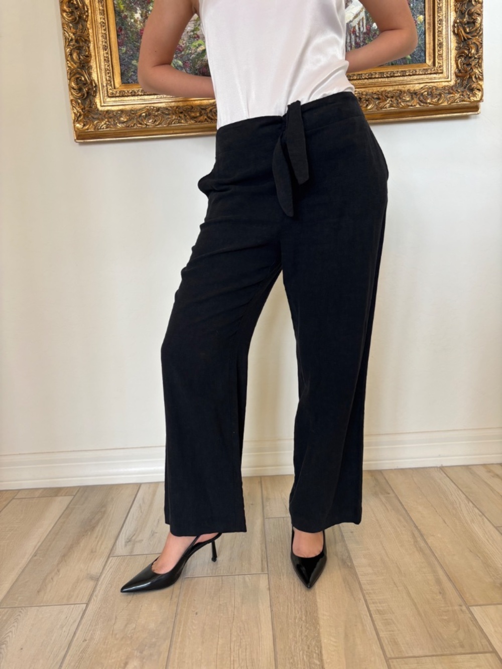Anthropologie Nellie Tie-Waist Linen Trousers Wide Leg Black Size 8